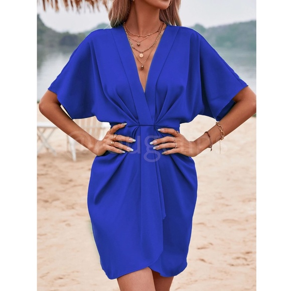 Royal Blue Mini Dress Ruched, Batwing Sleeve Faux Wrap Pleated - Picture 6 of 8